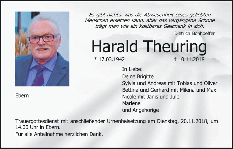  Traueranzeige für Harald Theuring vom 16.11.2018 aus MGO