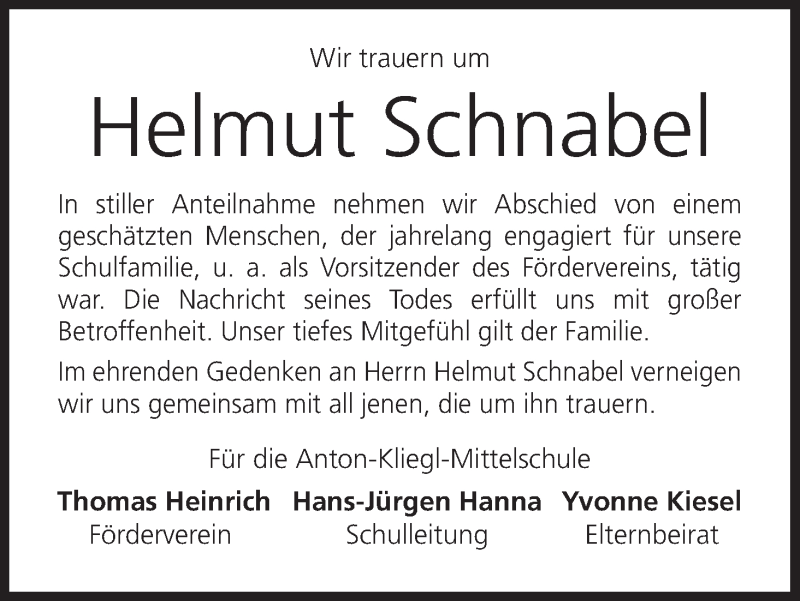  Traueranzeige für Helmut Schnabel vom 08.11.2018 aus MGO