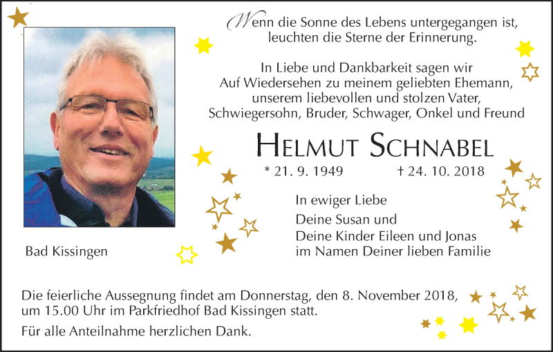  Traueranzeige für Helmut Schnabel vom 03.11.2018 aus MGO