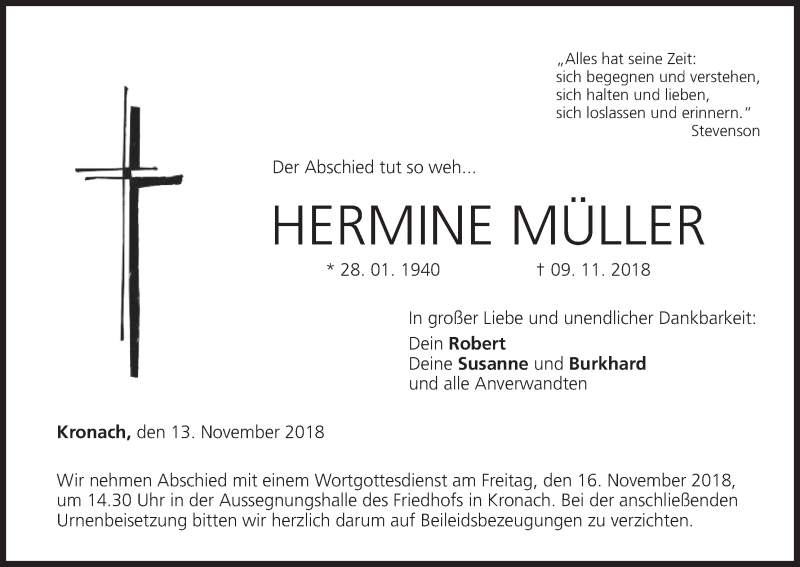  Traueranzeige für Hermine Müller vom 13.11.2018 aus MGO