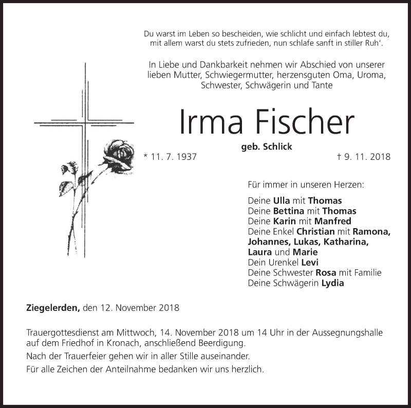  Traueranzeige für Irma Fischer vom 12.11.2018 aus MGO