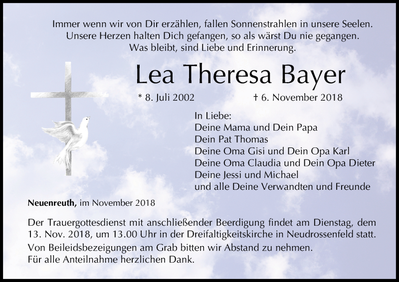  Traueranzeige für Lea Theresa Bayer vom 10.11.2018 aus MGO