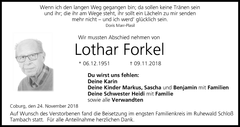  Traueranzeige für Lothar Forkel vom 24.11.2018 aus MGO