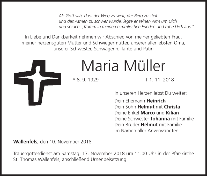  Traueranzeige für Maria Müller vom 10.11.2018 aus MGO