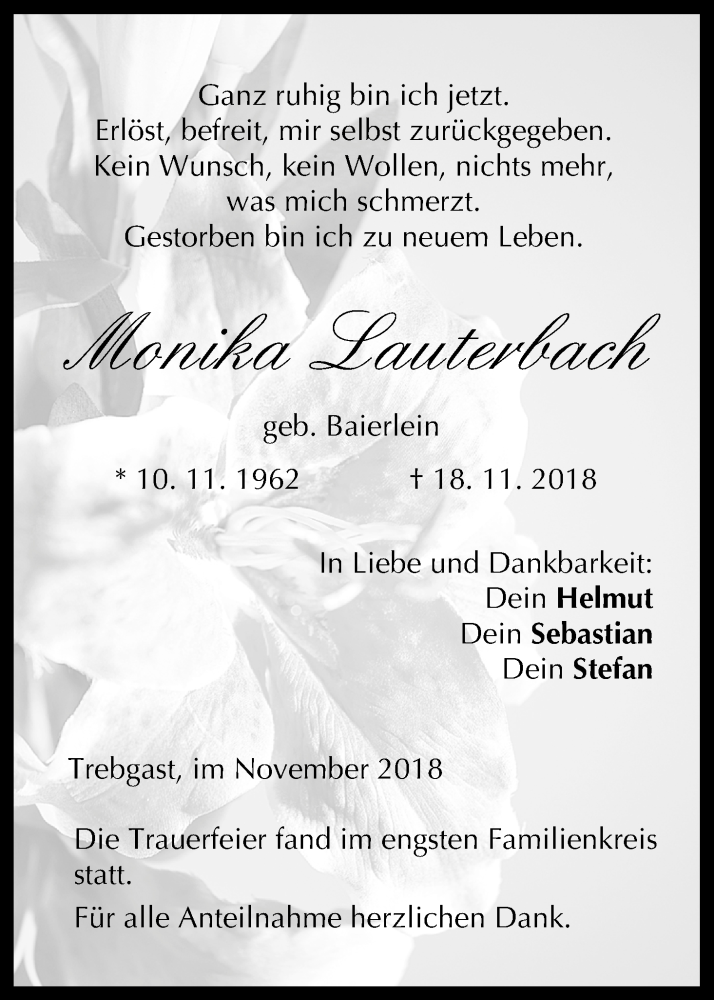  Traueranzeige für Monika Lauterbach vom 24.11.2018 aus MGO