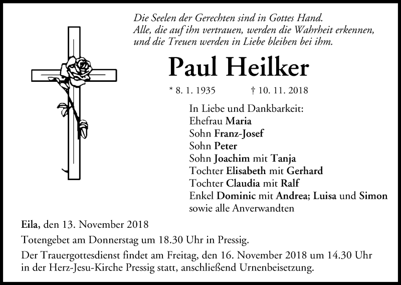  Traueranzeige für Paul Heilker vom 13.11.2018 aus MGO