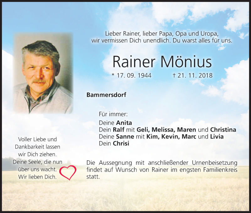  Traueranzeige für Rainer Mönius vom 24.11.2018 aus MGO