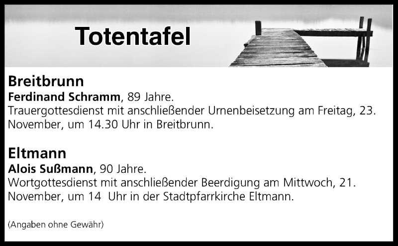  Traueranzeige für Totentafel vom 21.11.2018 vom 21.11.2018 aus MGO
