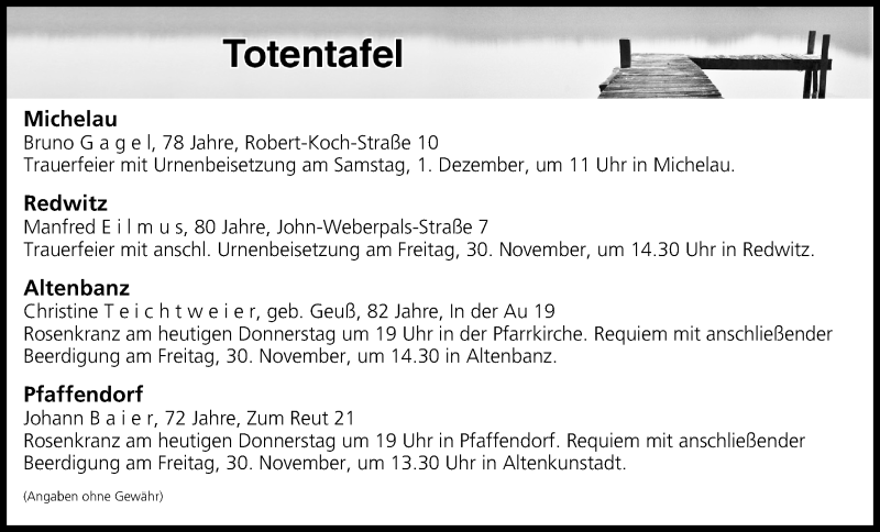  Traueranzeige für Totentafel vom 29.11.2018 vom 29.11.2018 aus MGO