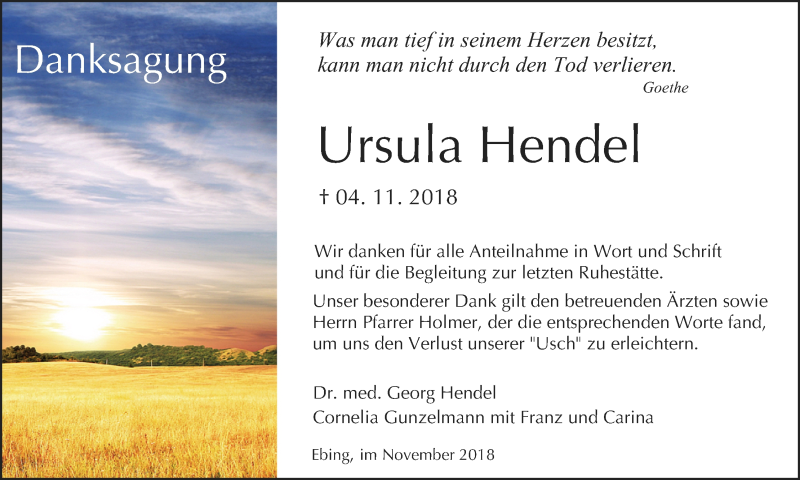  Traueranzeige für Ursula Hendel vom 17.11.2018 aus MGO