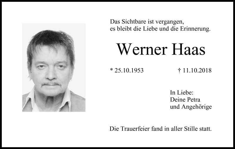  Traueranzeige für Werner Haas vom 03.11.2018 aus MGO