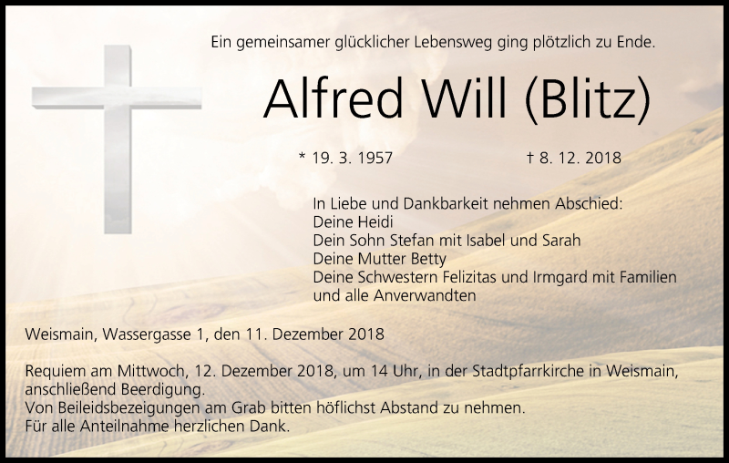  Traueranzeige für Alfred Will vom 11.12.2018 aus MGO