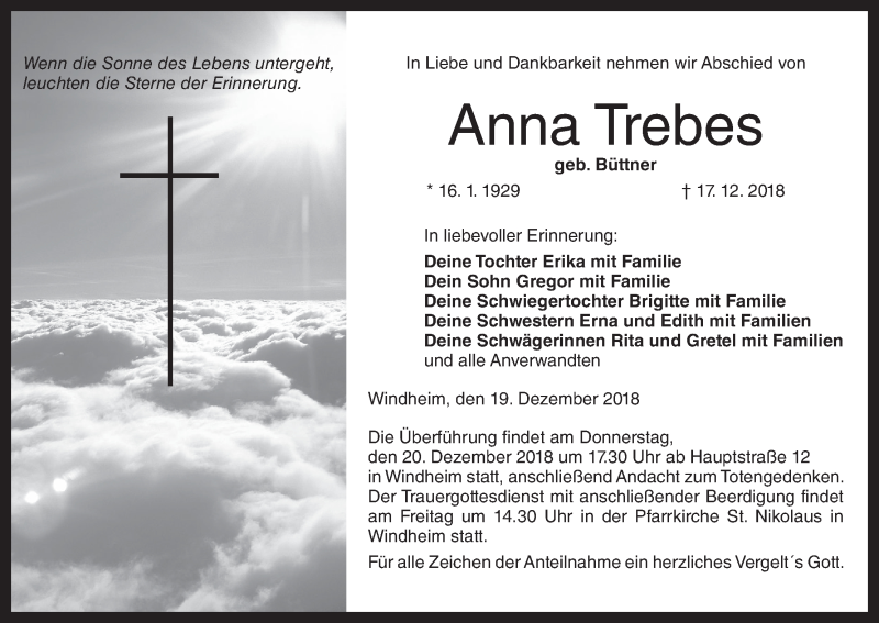  Traueranzeige für Anna Trebes vom 19.12.2018 aus MGO