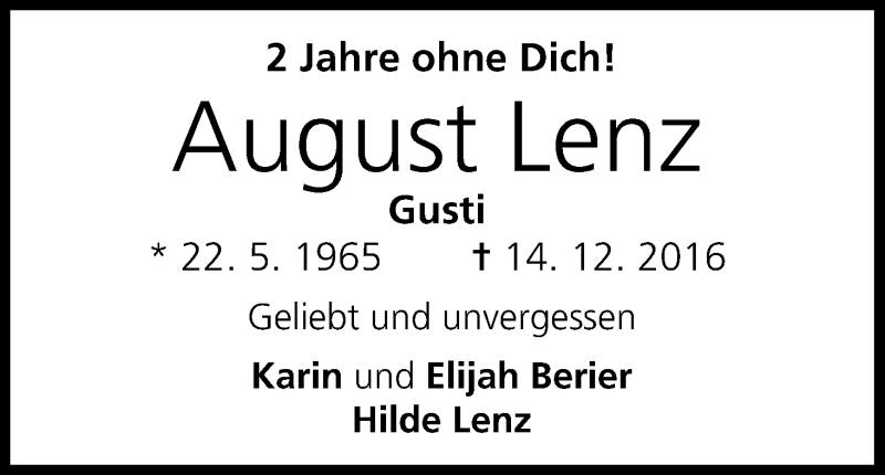  Traueranzeige für August Lenz vom 14.12.2018 aus MGO