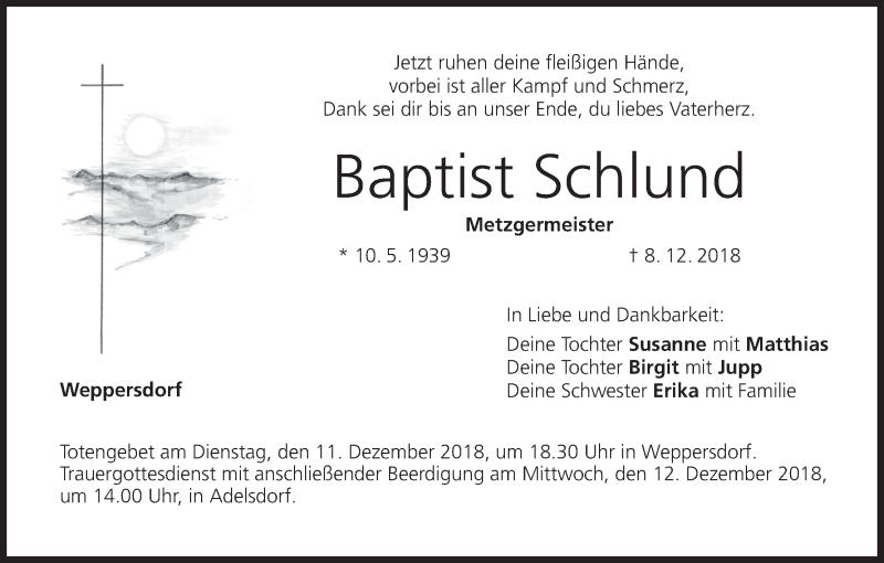  Traueranzeige für Baptist Schlund vom 10.12.2018 aus MGO