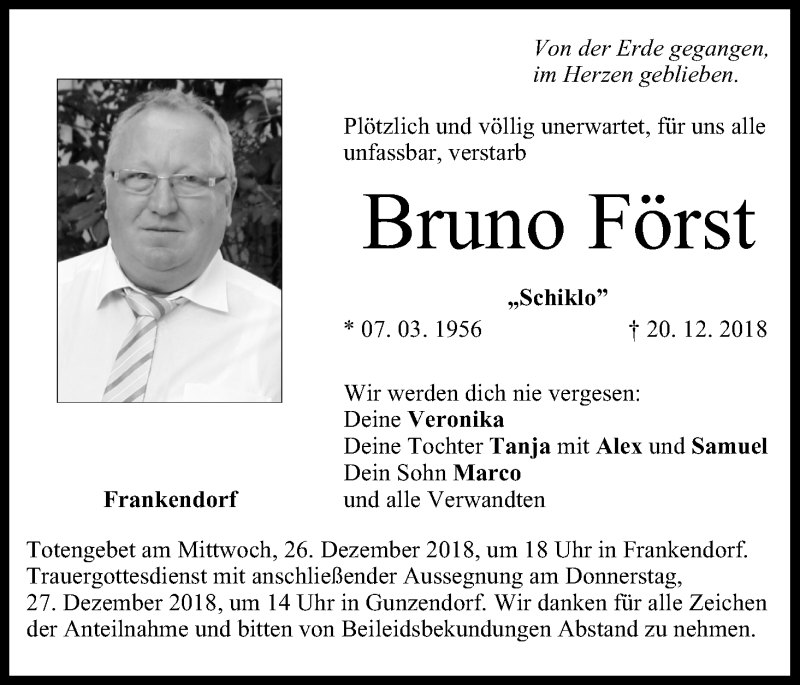  Traueranzeige für Bruno Först vom 22.12.2018 aus MGO