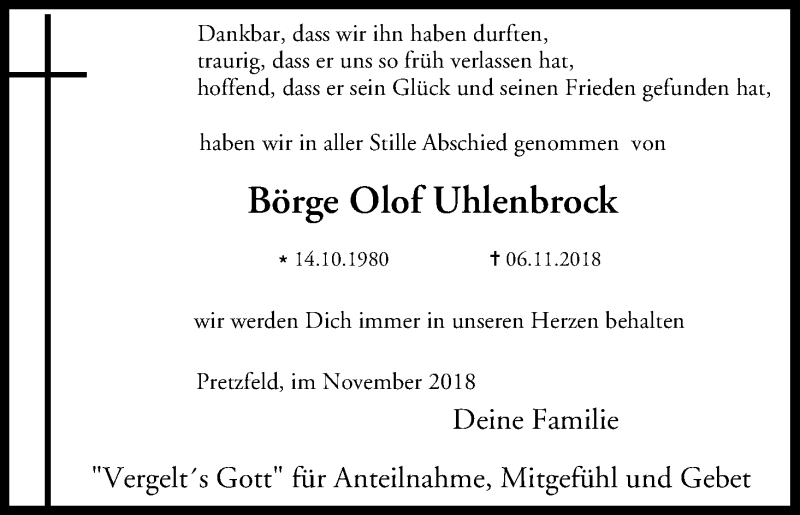  Traueranzeige für Börge Olof Uhlenbrock vom 01.12.2018 aus MGO