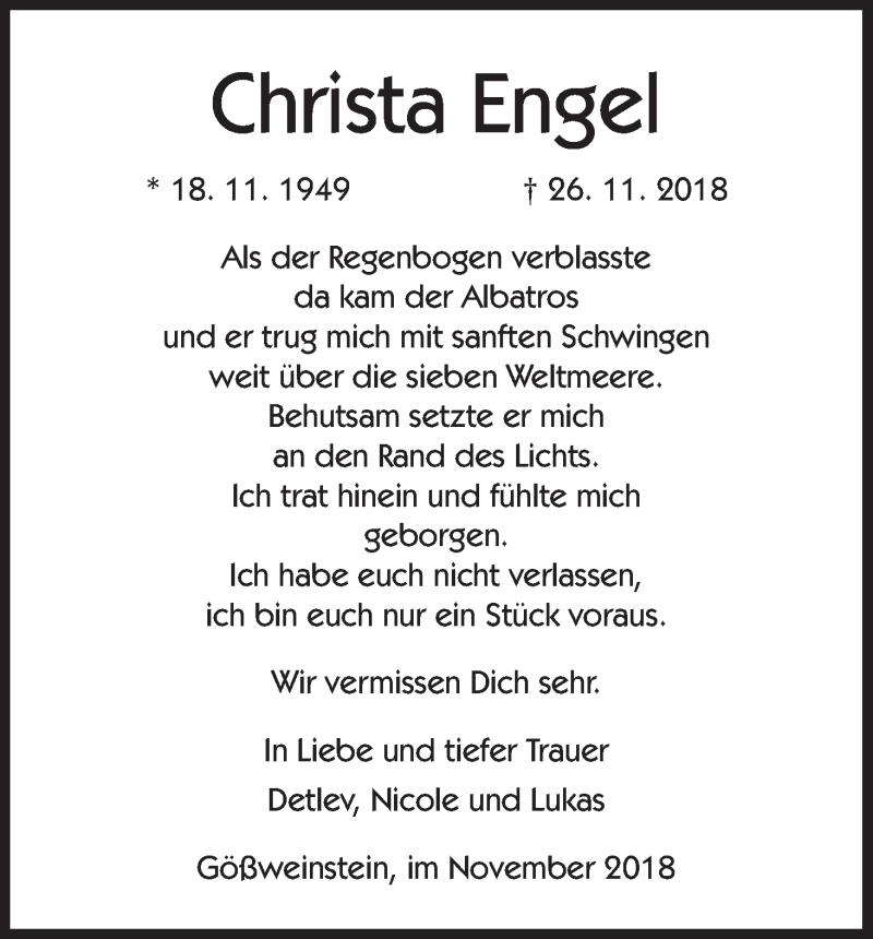  Traueranzeige für Christa Engel vom 08.12.2018 aus MGO