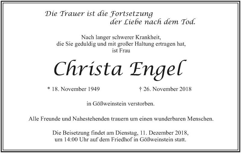  Traueranzeige für Christa Engel vom 06.12.2018 aus MGO