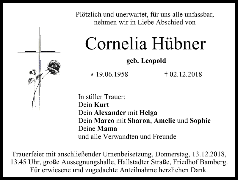  Traueranzeige für Cornelia Hübner vom 11.12.2018 aus MGO
