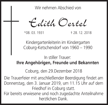 Anzeige von Edith Oertel von MGO