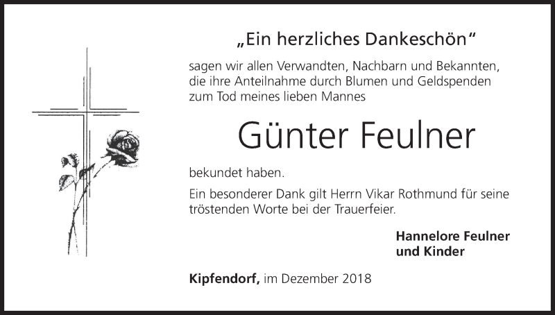  Traueranzeige für Günter Feulner vom 22.12.2018 aus MGO