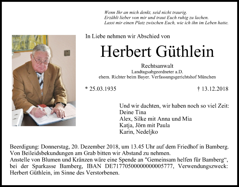  Traueranzeige für Herbert Güthlein vom 19.12.2018 aus MGO