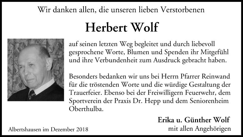  Traueranzeige für Herbert Wolf vom 22.12.2018 aus MGO