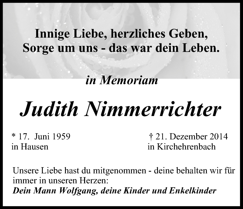  Traueranzeige für Judith Nimmerrichter vom 21.12.2018 aus MGO