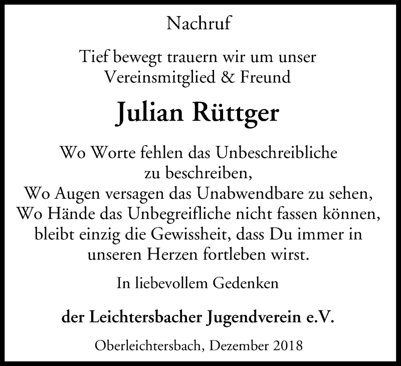  Traueranzeige für Julian Rüttger vom 15.12.2018 aus MGO