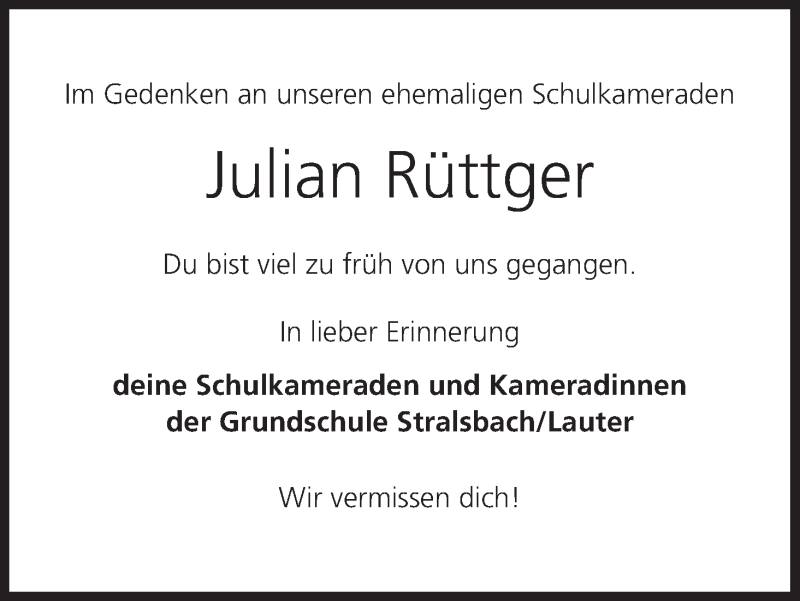  Traueranzeige für Julian Rüttger vom 13.12.2018 aus MGO