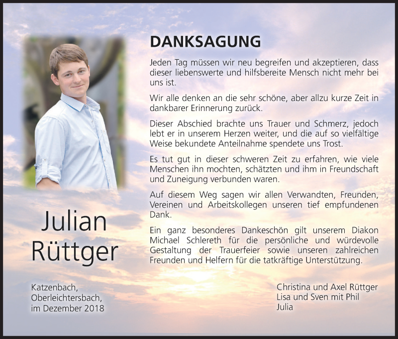  Traueranzeige für Julian Rüttger vom 22.12.2018 aus MGO