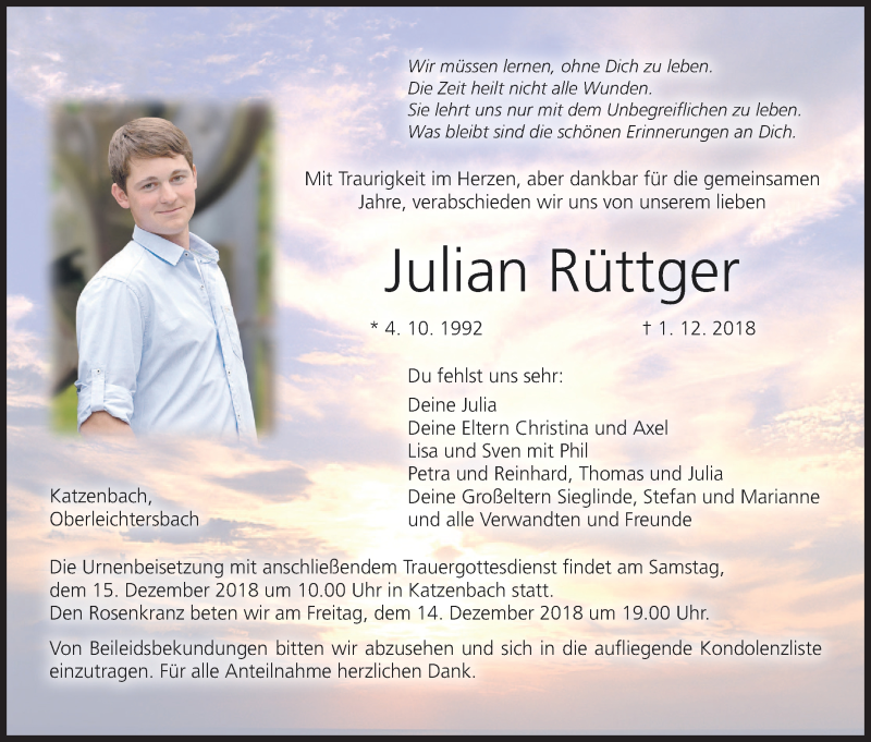  Traueranzeige für Julian Rüttger vom 12.12.2018 aus MGO
