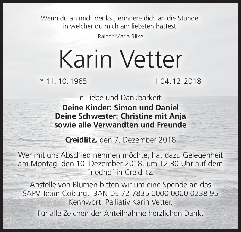  Traueranzeige für Karin Vetter vom 07.12.2018 aus MGO