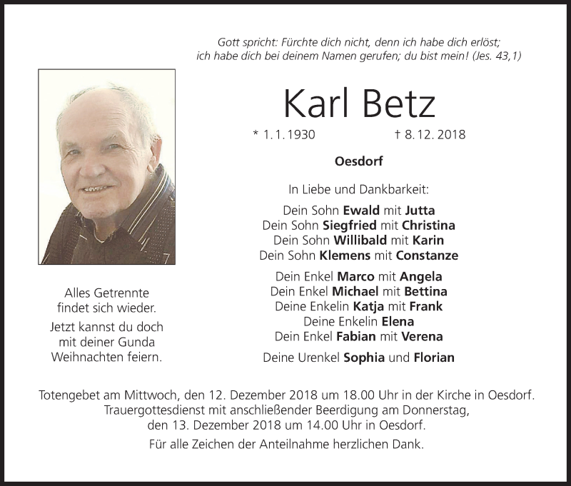  Traueranzeige für Karl Betz vom 10.12.2018 aus MGO