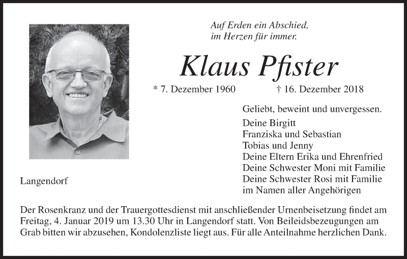  Traueranzeige für Klaus Pfister vom 22.12.2018 aus MGO