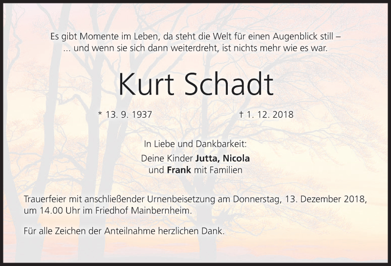  Traueranzeige für Kurt Schadt vom 08.12.2018 aus MGO
