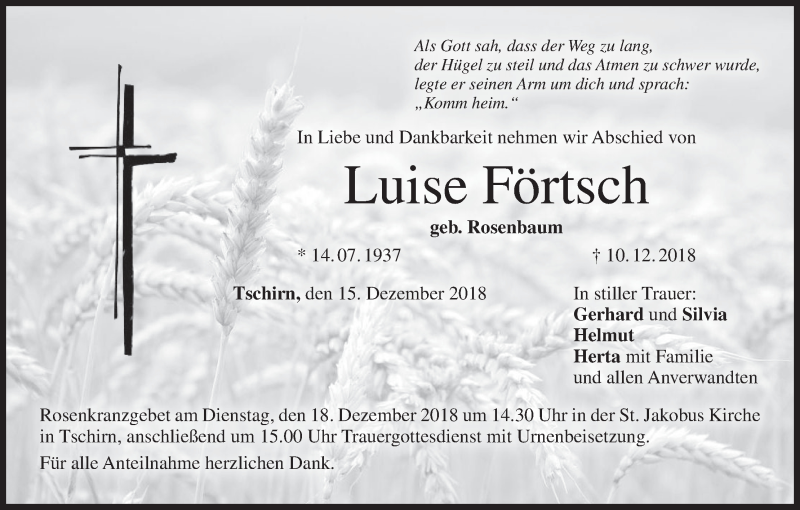  Traueranzeige für Luise Förtsch vom 15.12.2018 aus MGO