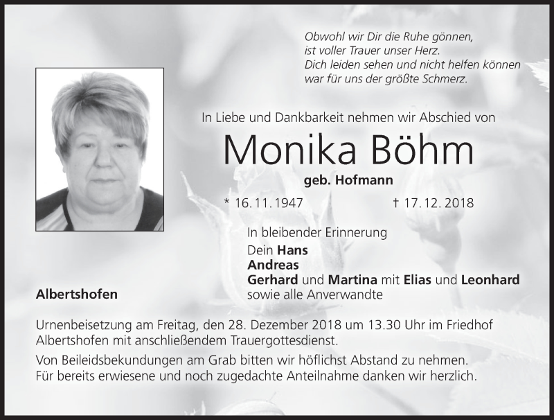  Traueranzeige für Monika Böhm vom 21.12.2018 aus MGO