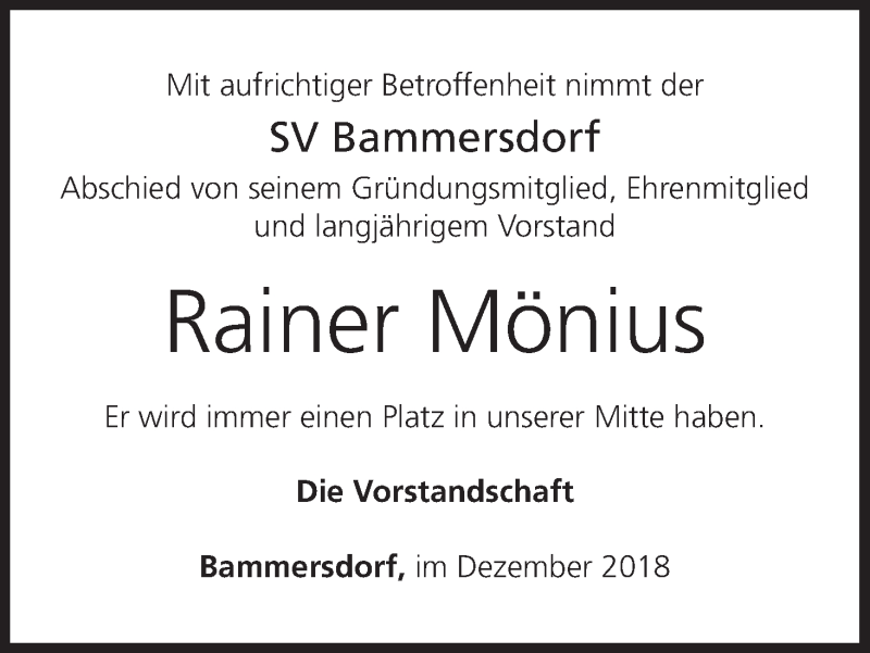  Traueranzeige für Rainer Mönius vom 08.12.2018 aus MGO