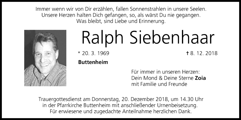  Traueranzeige für Ralph Siebenhaar vom 15.12.2018 aus MGO