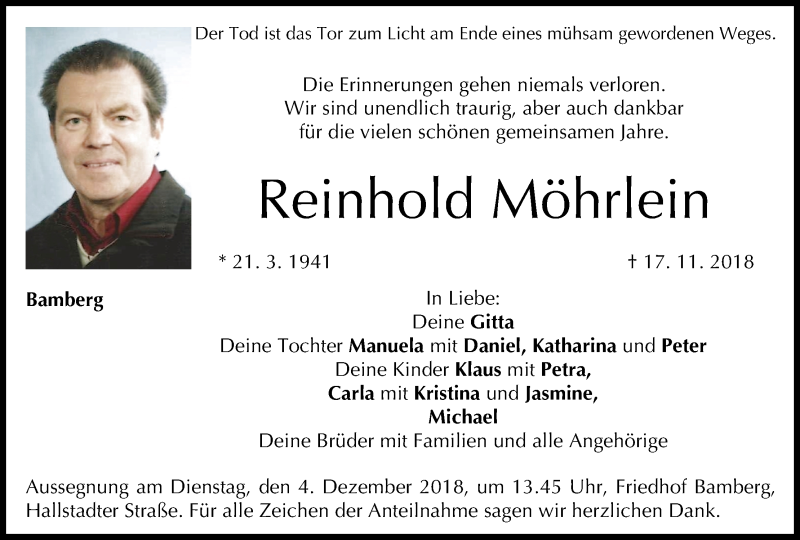  Traueranzeige für Reinhold Möhrlein vom 01.12.2018 aus MGO