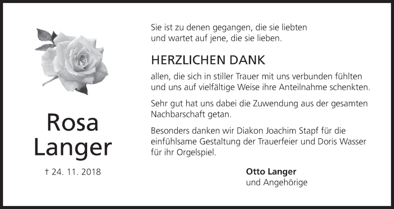  Traueranzeige für Rosa Langer vom 12.12.2018 aus MGO