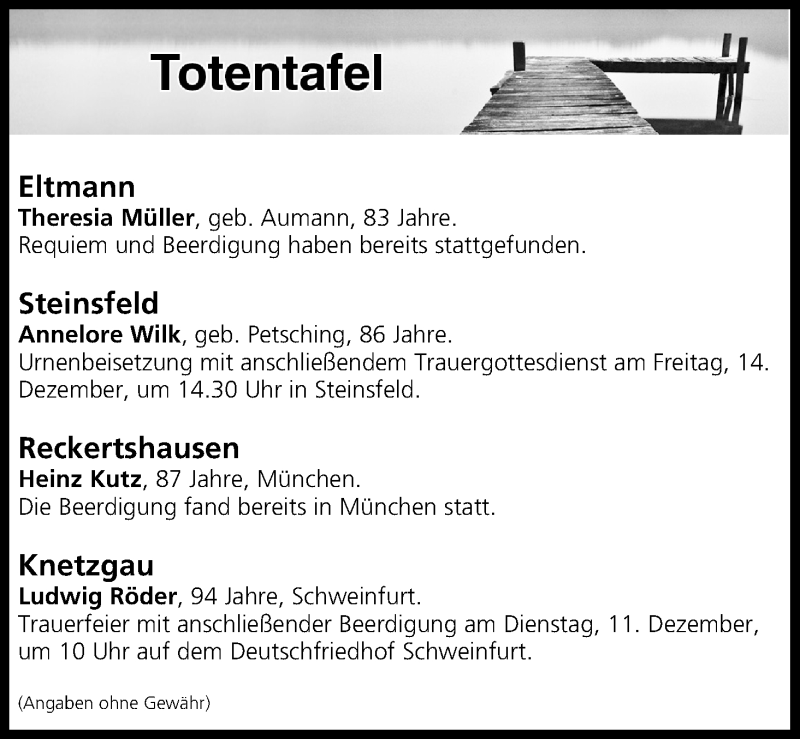  Traueranzeige für Totentafel vom 11.12.2018 vom 11.12.2018 aus MGO