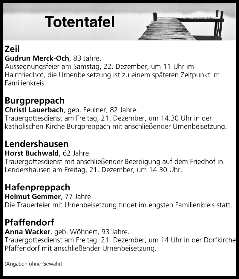  Traueranzeige für Totentafel vom 20.12.2018 vom 20.12.2018 aus MGO