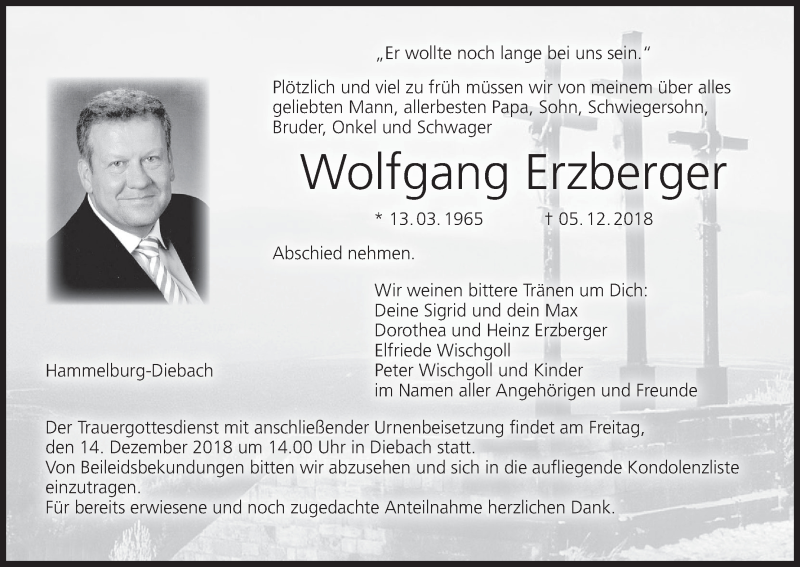  Traueranzeige für Wolfgang Erzberger vom 11.12.2018 aus MGO
