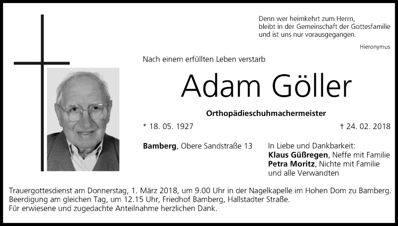  Traueranzeige für Adam Göller vom 27.02.2018 aus MGO