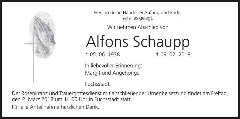  Traueranzeige für Alfons Schaupp vom 24.02.2018 aus MGO