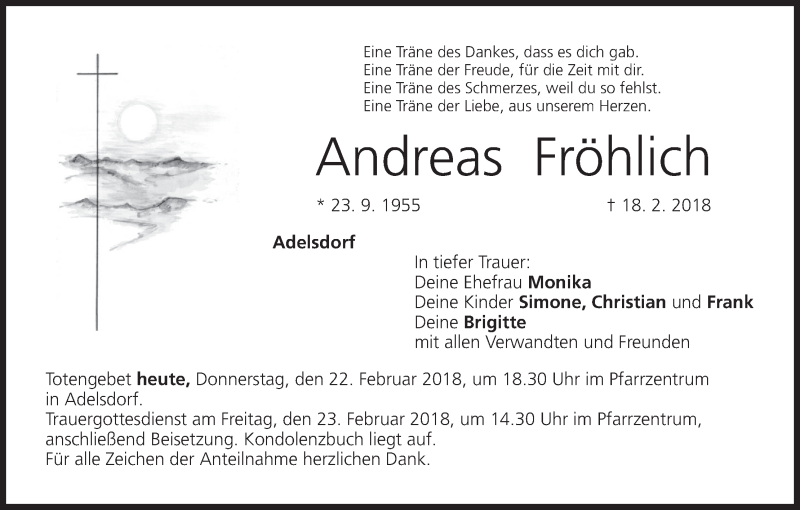  Traueranzeige für Andreas Fröhlich vom 22.02.2018 aus MGO