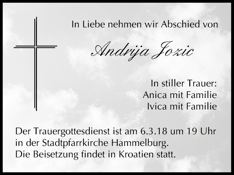  Traueranzeige für Andrija Jozic vom 24.02.2018 aus MGO